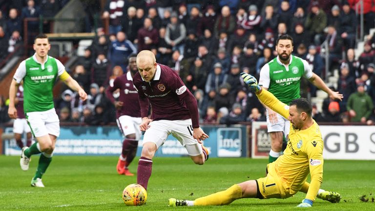 Hearts' Steven Naismith (L) fires an effort wide early in the game.