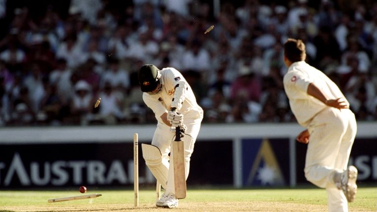 5 Jan 1999:  Darren Gough of England takes the wicket of Stuart MacGill of Australia during the 5th Ashes test at the Sydney Cricket Ground in Sydney, Aust