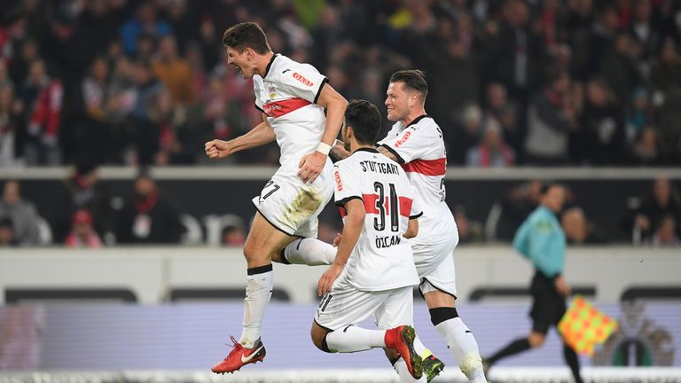Mario Gomez of Stuttgart  celebrates after Niklas Stark of Hertha Berlin (not pictured) scored an own goal