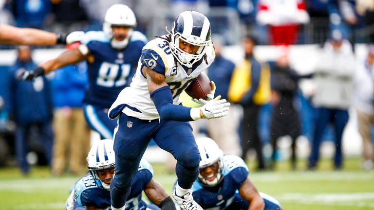 NASHVILLE, TN - DECEMBER 24: Running Back Todd Gurley II  #30 of the Los Angeles Rams carries the ball against the Tennessee Titans at Nissan Stadium on De