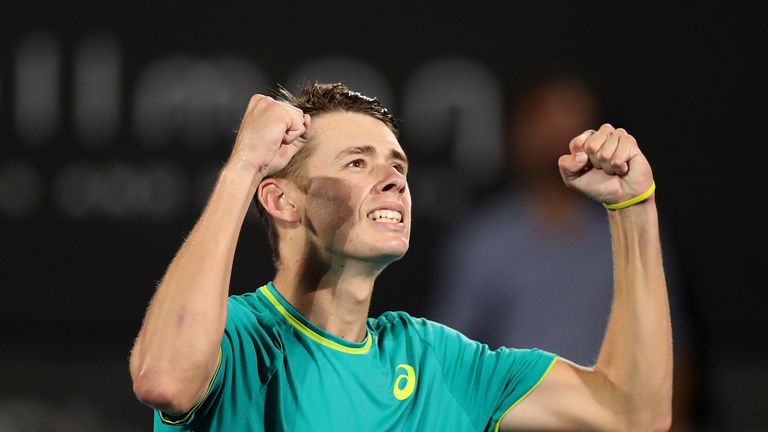 Alex de Minaur of Australia celebrates winning match point in his quarter final match against Feliciano Lopez of Spain