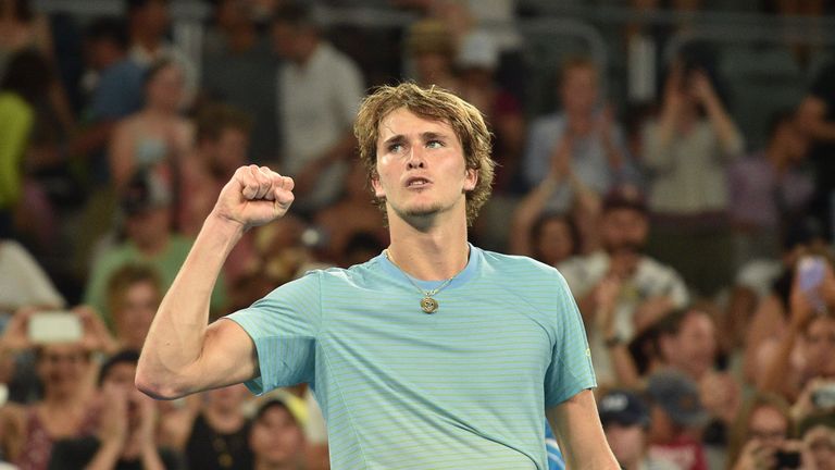 Germany's Alexander Zverev celebrates beating Germany's Peter Gojowczyk in their men's singles second round match on day four of the Australian Open