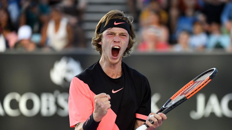Russia's Andrey Rublev reacts after a point against Cyprus' Marcos Baghdatis during their men's singles second round match at the Australian Open