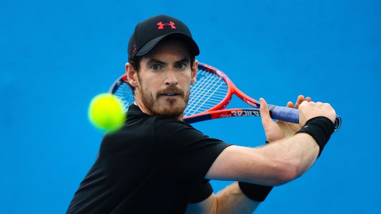 Britain's Andy Murray hits a return during training for his first round men's singles match at the Brisbane International