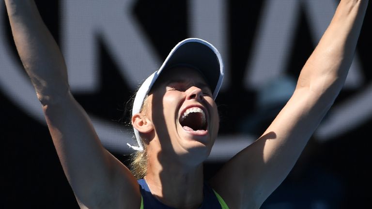 Denmark's Caroline Wozniacki celebrates her victory against Belgium's Elise Mertens