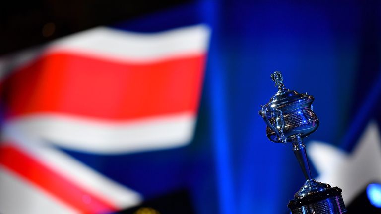 The Daphne Akhurst Memorial Cup is seen before the women's singles final match between Romania's Simona Halep and Denmark's Caroline Wozniacki