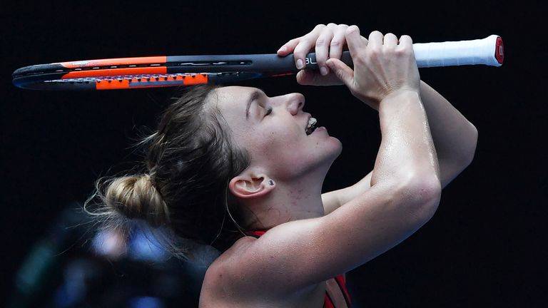 Simona Halep celebrates beating Angelique Kerber to reach the 2018 Australian Open Women's Final