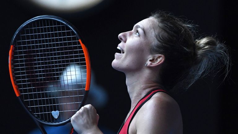 Simona Halep celebrates beating Angelique Kerber to reach the 2018 Australian Open Women's Final