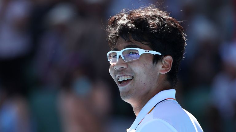 Hyeon Chung of South Korea celebrates winning match point in his quarter-final match against Tennys Sandgren