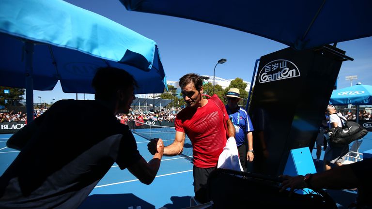 Roger Federer of Switzerland completes a practice session on day nine of the 2018 Australian Open at Melbourne Park