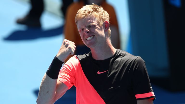 Kyle Edmund of Great Britain celebrates winning his third round match against Nikoloz Basilashvili of Georgia