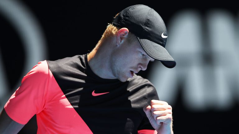 Kyle Edmund of Great Britain celebrates winning a point in his quarter-final match against Grigor Dimitrov of Bulgaria 