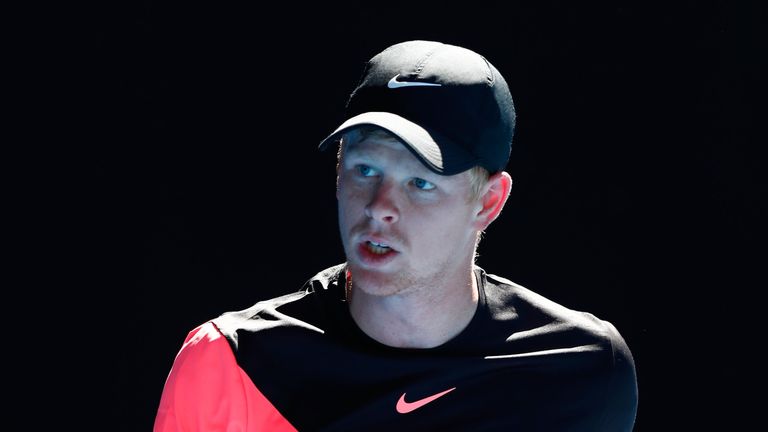 Kyle Edmund of Great Britain celebrates winning a point between games in his quarter-final match against Grigor Dimitrov