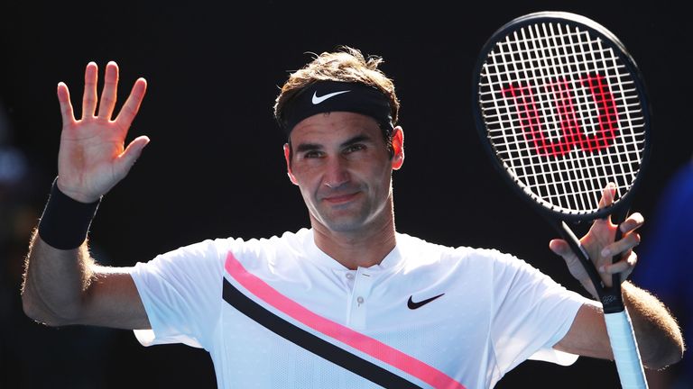 Roger Federer of Switzerland celebrates winning his fourth round match against Marton Fucsovics of Hungary