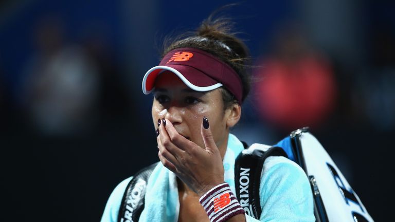 Heather Watson of Great Britain shows her dejection in her first round match against Yulia Putintseva of Kazakhstan