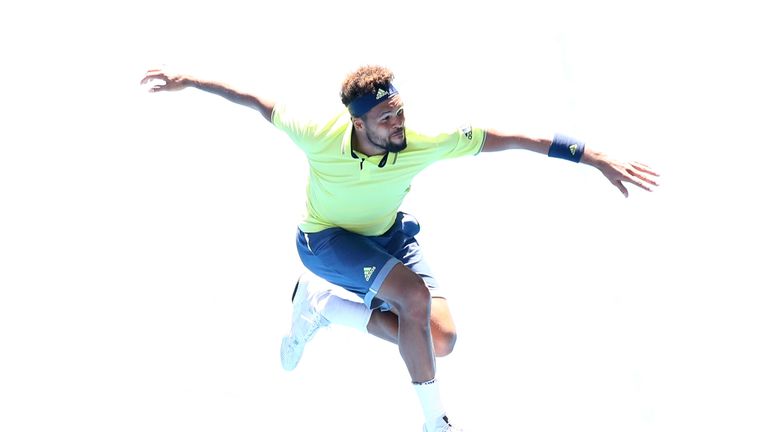 Jo-Wilfried Tsonga of France celebrates winning his second round match against Denis Shapovalov of Canada on day three 
