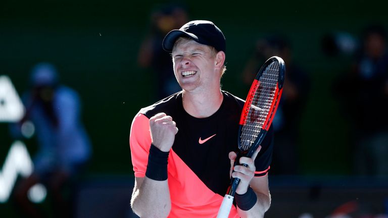 Kyle Edmund of Great Britain celebrates winning match point in his quarter-final match against Grigor Dimitrov