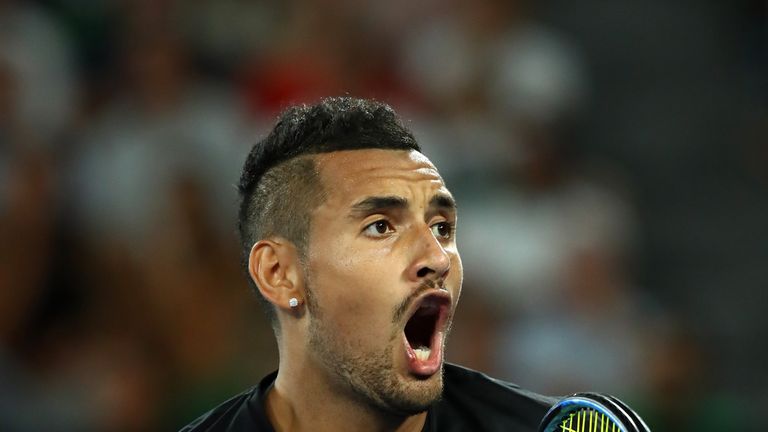 Nick Kyrgios of Australia celebrates set point in his third round match against Jo-Wilfried Tsonga of France