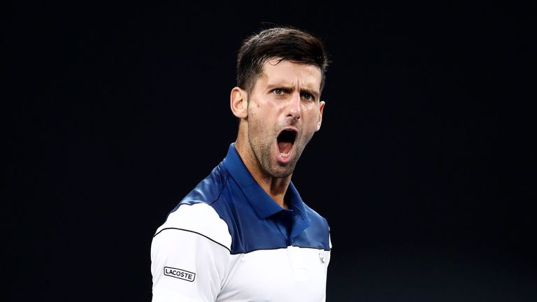 Novak Djokovic of Serbia celebrates winning a point in his fourth round match against Hyeon Chung of South Korea