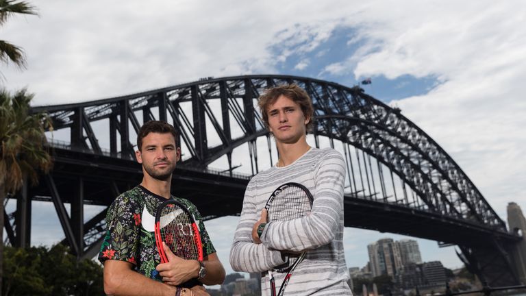 Grigor Dimitrov and Alexander Zverev pose for a photo during the Sydney Fast4 Media Opportunity at Hickson Road Reserve