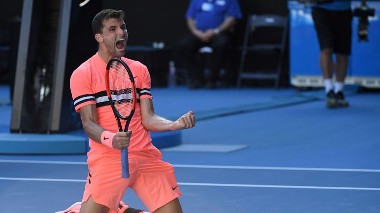 Grigor Dimitrov celebrates his victory against Russia's Andrey Rublev
