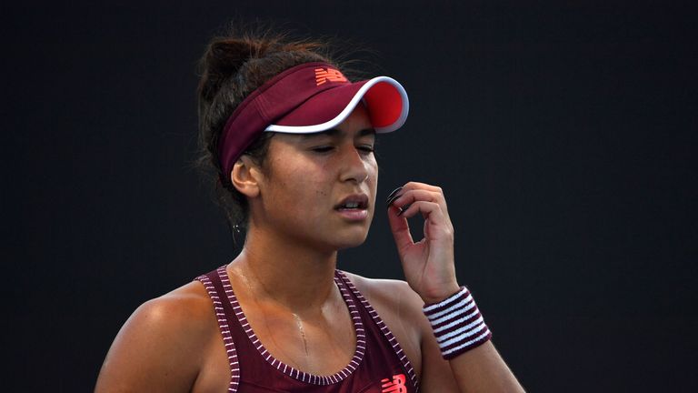 Britain's Heather Watson reacts after a point against Kazakhstan's Yulia Putintseva during their women's singles first round match