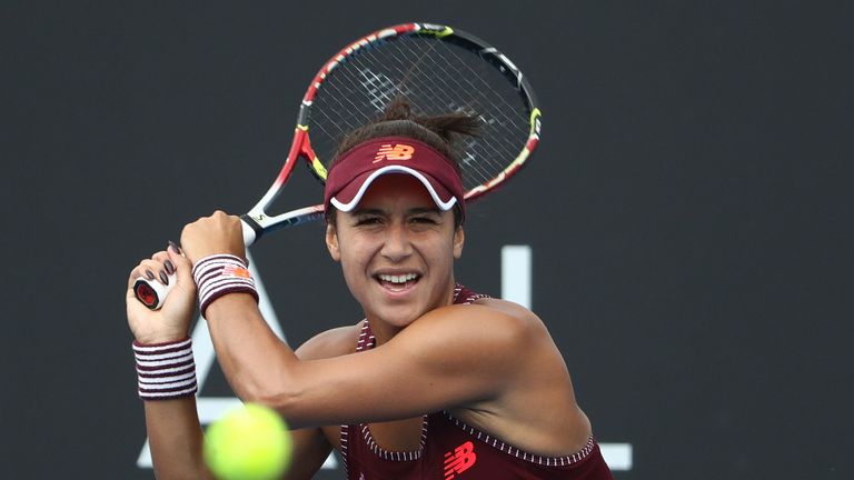 Heather Watson of Great Britain plays a backhand during her semi final singles match against Elise Mertens of Belgium