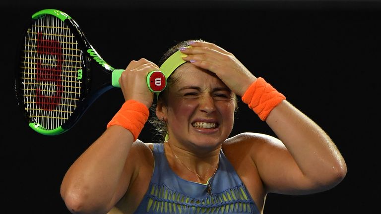 Latvia's Jelena Ostapenko reacts after a point during her women's singles third round match against Estonia's Anett Kontaveit