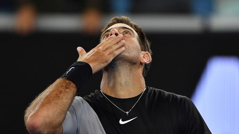 Argentina's Juan Martin del Potro reacts after beating Frances Tiafoe of the US in their men's singles first round match on day two of the Australian Open 