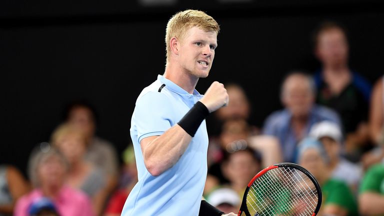Kyle Edmund of Great Britain celebrates after winning a point in his match against Denis Shapovalov of Canada