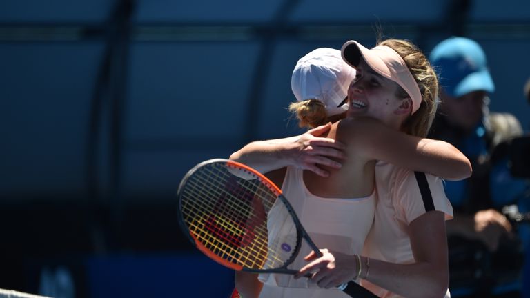 Elina Svitolina (right) ended fellow Ukrainian Marta Kostyuk's hopes of reaching the last 16