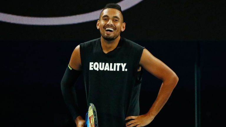 Nick Kyrgios of Australia looks on while wearing an Equality shirt during a practice session ahead of the 2018 Australian Open