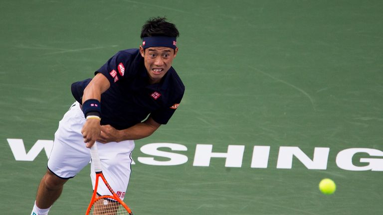 WASHINGTON, DC - AUGUST 05:  Kei Nishikori of Japan competes with Alexander Zverev of Germany at William H.G. FitzGerald Tennis Center on August 5, 2017 in