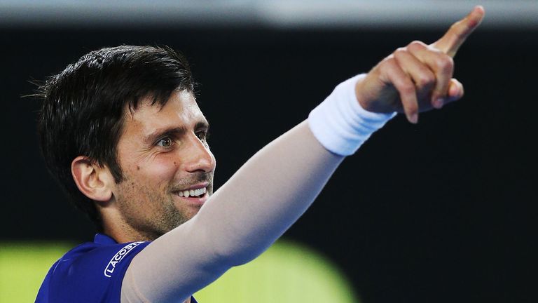 Novak Djokovic of Serbia reacts during the Tie Break Tens ahead of the 2018 Australian Open at Margaret Court Arena