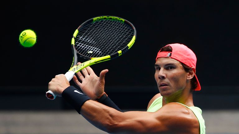 Rafael Nadal of Spain plays a shot during a practice session ahead of the 2018 Australian Open at Melbourne Park