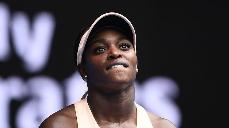 MELBOURNE, AUSTRALIA - JANUARY 15:  Sloane Stephens of the United States reacts in her first round match against Shuai Zhang of China on day one of the 201