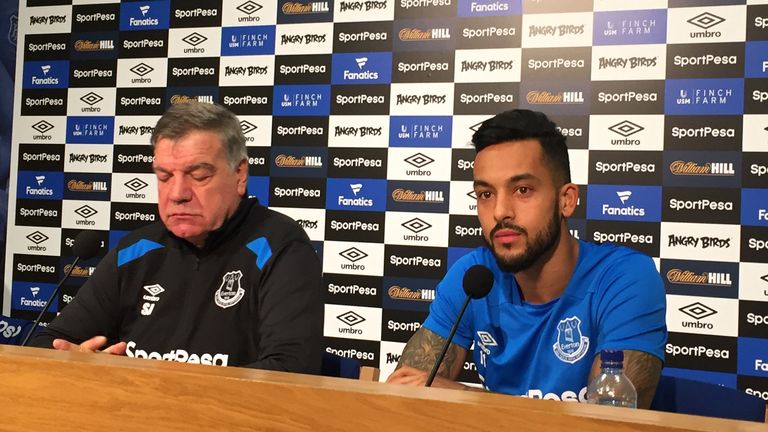 Everton new signing Theo Walcott with manager Sam Allardyce during the press conference at Finch Farm, Liverpool