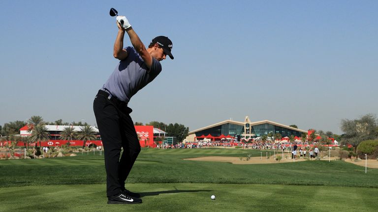 Thomas Pieters of Belgium plays his shot from the ninth tee during round three of the Abu Dhabi HSBC Golf Championship