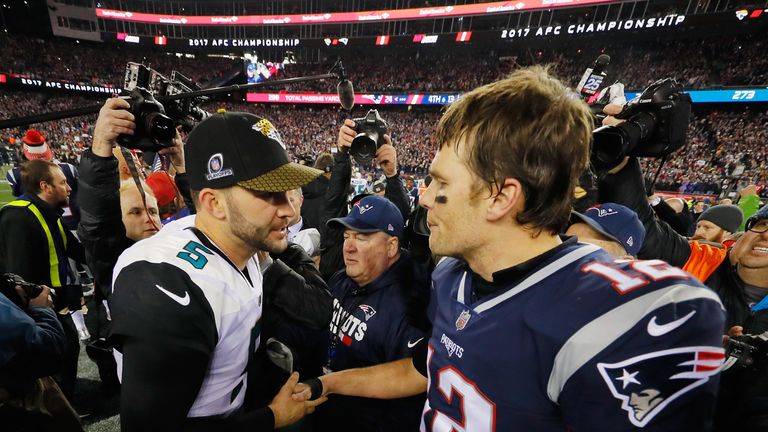 Tom Brady shakes hands with Blake Bortles after the 24-20 AFC Championship win over the Jacksonville Jaguars