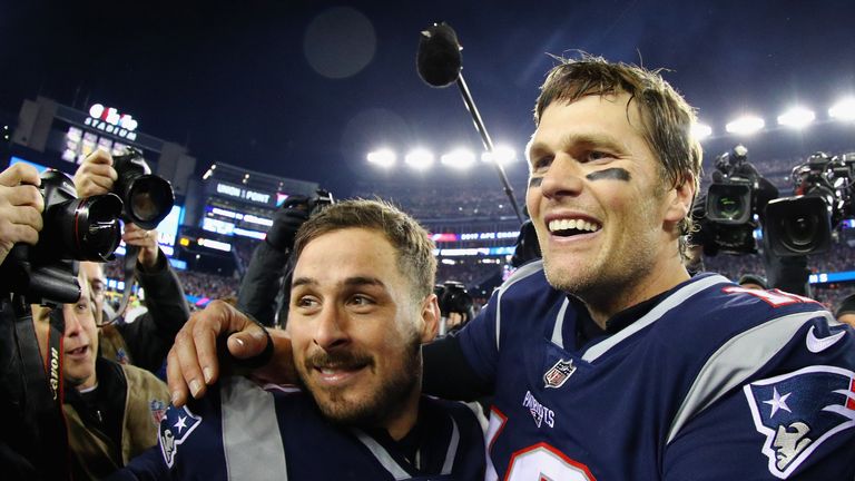 Tom Brady celebrates with Danny Amendola after winning the AFC Championship against the Jacksonville Jaguars