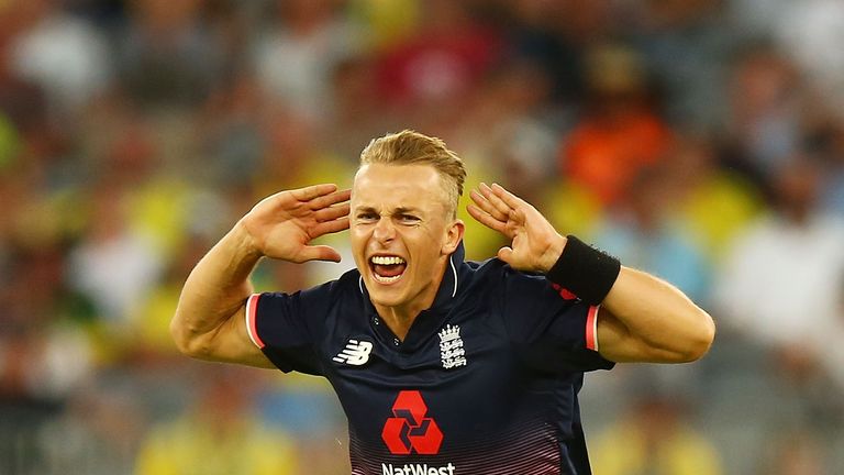 Tom Curran of England celebrates a wicket during game five of the One Day International match between Australia and England