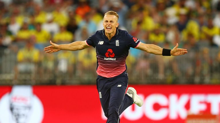 Tom Curran of England celebrates a wicket during game five of the One Day International match between Australia and England