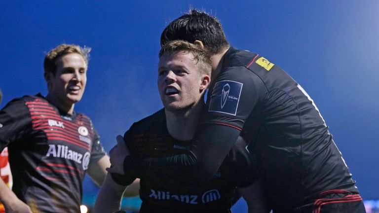 BARNET, ENGLAND - JANUARY 27: Tom Whiteley of Saracens celebrates with team mates after scoring a try during the Anglo-Welsh Cup match between Saracens and