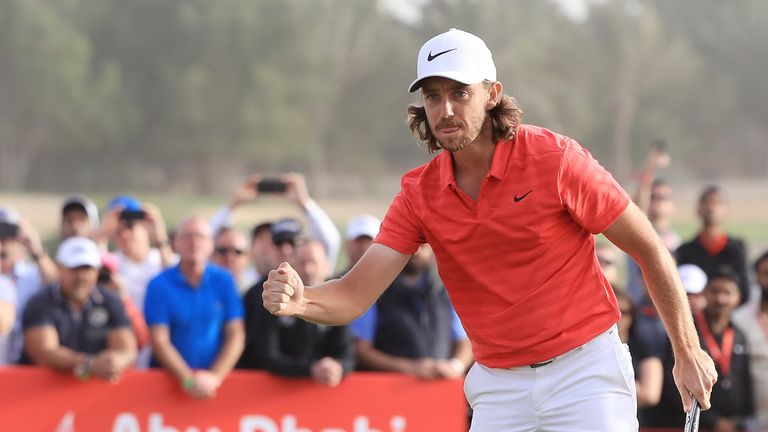 Tommy Fleetwood celebrates after birdieing the 18th hole in the Abu Dhabi Championship