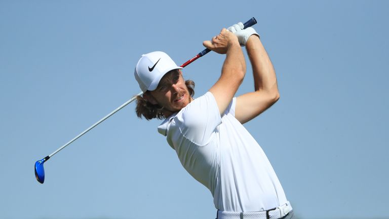 Tommy Fleetwood of England plays his shot from the third tee during round three of the Abu Dhabi HSBC Golf Championship