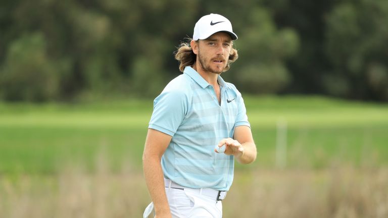 ABU DHABI, UNITED ARAB EMIRATES - JANUARY 18:  Tommy Fleetwood of England reacts on the seventh green during round one of the Abu Dhabi HSBC Golf Champions