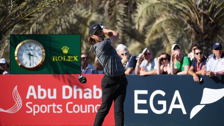 ABU DHABI, UNITED ARAB EMIRATES - JANUARY 19:  Tommy Fleetwood of England plays his shot from the 14th tee during round two of the Abu Dhabi HSBC Golf Cham