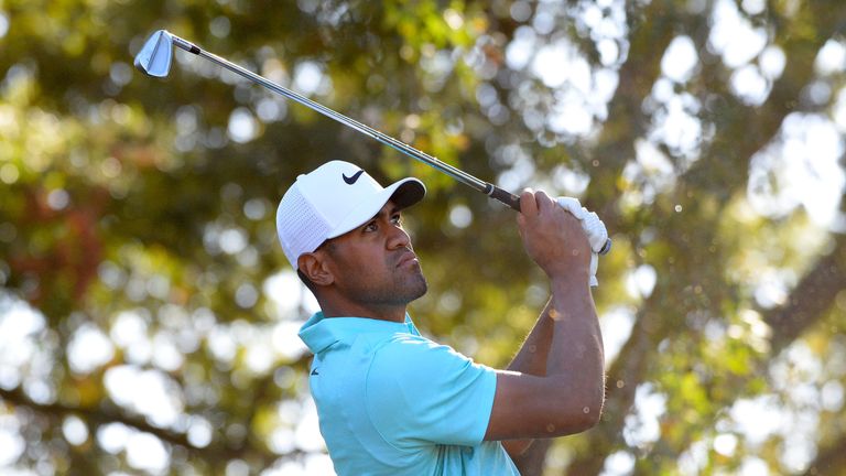 NAPA, CA - OCTOBER 08:  Tony Finau plays his shot from the 15th tee  during the final round of the Safeway Open at the North Course of the Silverado Resort