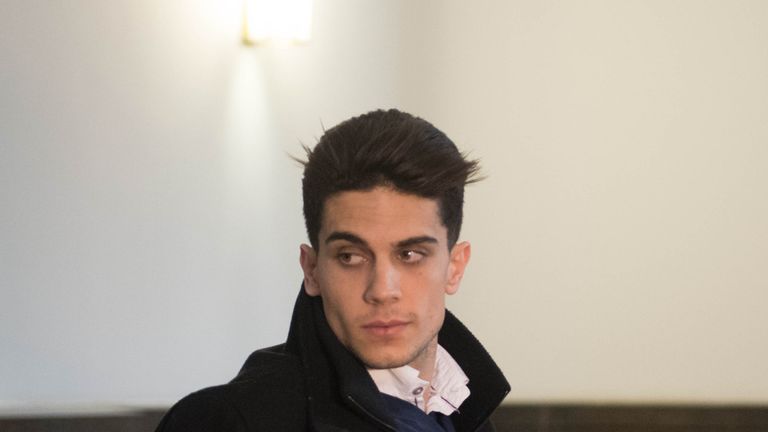Borussia Dortmund's Marc Bartra leaves after he testified in the trial of Sergej W, a man suspected of detonating three bombs