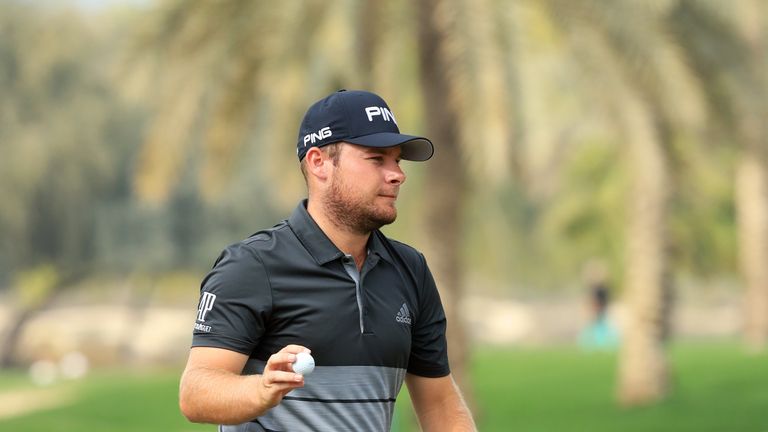 DUBAI, UNITED ARAB EMIRATES - JANUARY 28:  Tyrrell Hatton of England acknowledges the crowd on the 10th green during the final round on day four of the Ome